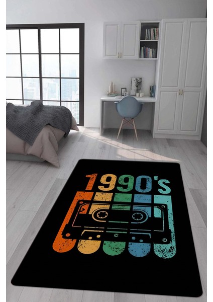 Kaymaz Taban Makinada Yıkanabilir Dijital Baskı Retro Desenli Çocuk Genç Odası Halısı Dot Taban Halı RTR30