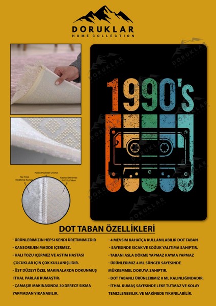 Kaymaz Taban Makinada Yıkanabilir Dijital Baskı Retro Desenli Çocuk Genç Odası Halısı Dot Taban Halı RTR30