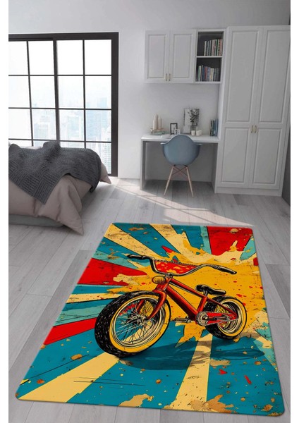 Kaymaz Taban Makinada Yıkanabilir Dijital Baskı Retro Desenli Çocuk Genç Odası Halısı Dot Taban Halı RTR14