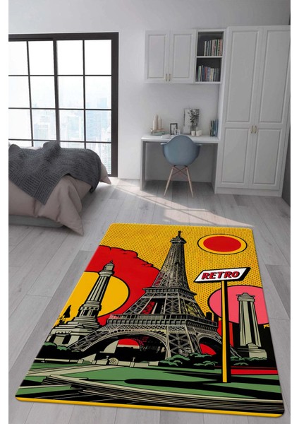 Kaymaz Taban Makinada Yıkanabilir Dijital Baskı Retro Desenli Çocuk Genç Odası Halısı Dot Taban Halı RTR16