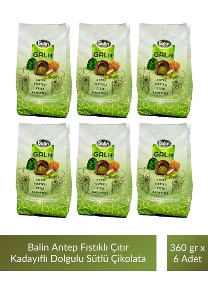 Antep Fıstıklı Çıtır Kadayıflı Dolgulu Sütlü Çikolata 360 gr x 6 Adet