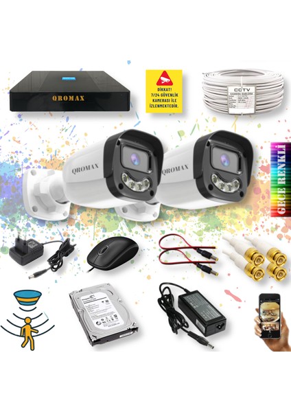 2 Kameralı Set - Gece Renkli Gösteren Hareket Algılayan 5MP SONY Lensli 4 Ultra Warm Ledli 1080P FULLHD Güvenlik Kamerası Seti 2304W-9004