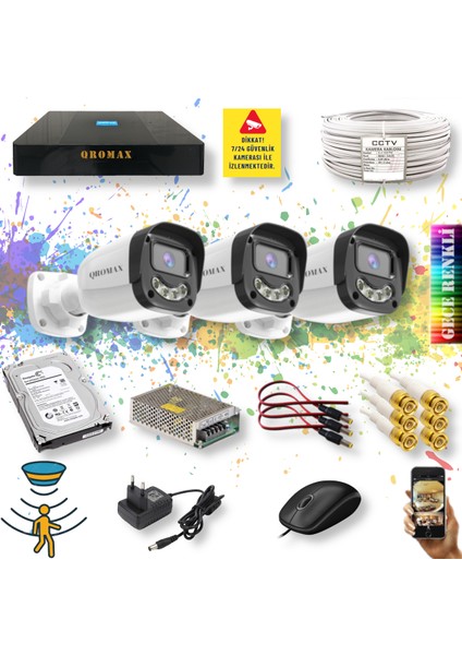 3 Kameralı Set - Gece Renkli Gösteren Hareket Algılayan 5MP SONY Lensli 4 Ultra Warm Ledli 1080P FULLHD Güvenlik Kamerası Seti 2304W-9004