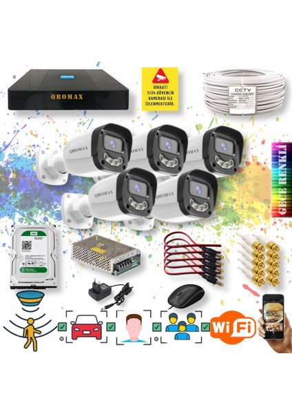 5 Kameralı Set - Yapay Zeka Özellikli Gece Renkli Gösteren 5MP SONY Lensli 4 Ultra Warm Ledli FULLHD Güvenlik Kamerası Seti 2304W-9008
