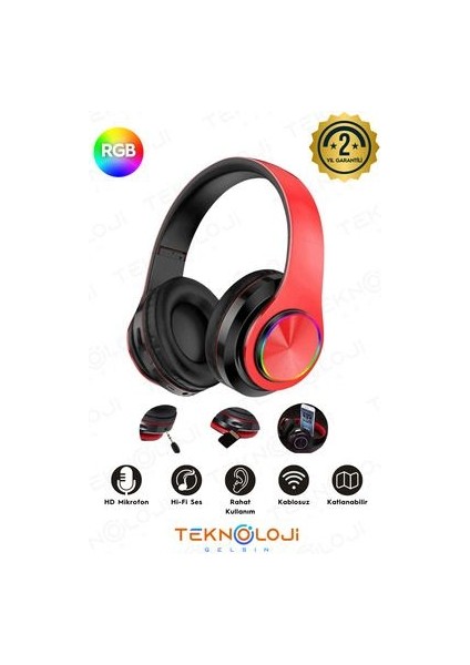 Kablosuz Kulaklık Bluetooth Mikrofonlu Kulaküstü Kulaklık LED Işıklı Katlanabilir Kırmızı