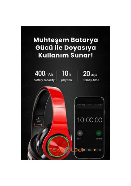 Kablosuz Kulaklık Bluetooth Mikrofonlu Kulaküstü Kulaklık LED Işıklı Katlanabilir Kırmızı modelleri