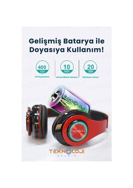Kablosuz Kulaklık Bluetooth Mikrofonlu Kulaküstü Kulaklık LED Işıklı Katlanabilir Kırmızı fırsatları