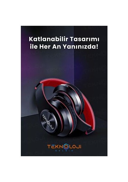 Kablosuz Kulaklık Bluetooth Mikrofonlu Kulaküstü Kulaklık LED Işıklı Katlanabilir Kırmızı indirimleri