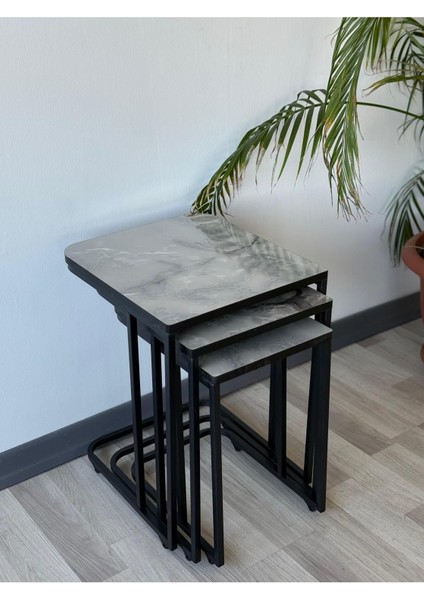 Beren Tekerlekli Zigon Sehpa Takımı Gri Mermer Desen Salon Oturma Salonu Zigonu Ofis Zigonu