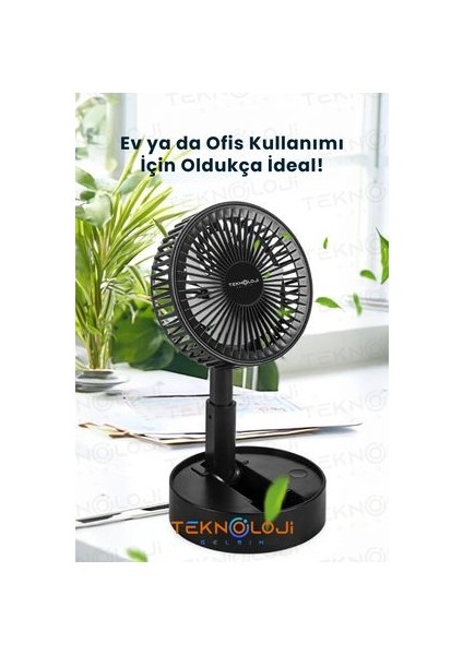 Vantilatör Teleskopik Fan Katlanabilir Taşınabilir Şarjlı 3 Kademe Mini Fan Soğutucu Masaüstü Siyah