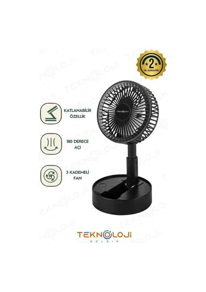 Vantilatör Teleskopik Fan Katlanabilir Taşınabilir Şarjlı 3 Kademe Mini Fan Soğutucu Masaüstü Siyah