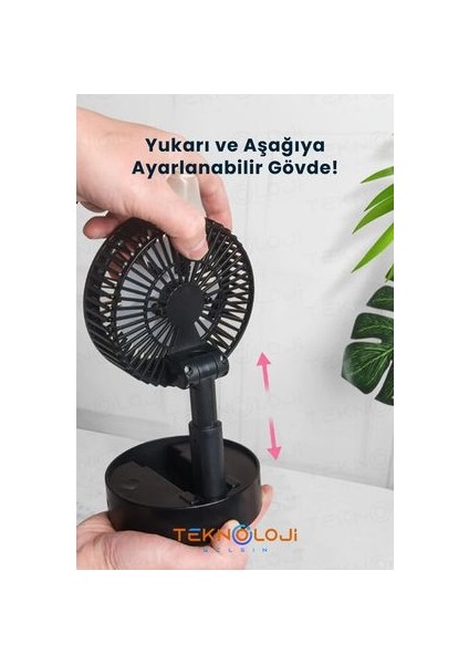 Vantilatör Teleskopik Fan Katlanabilir Taşınabilir Şarjlı 3 Kademe Mini Fan Soğutucu Masaüstü Siyah