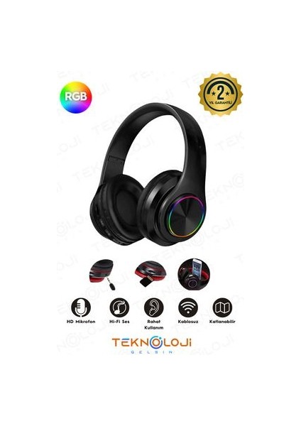 Bluetooth Kulaklık Kablosuz Kulaküstü Işıklı Katlanabilir Mikrofonlu Fm-Aux-Sd Siyah