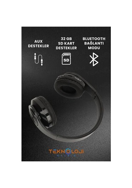 Bluetooth Kulaklık Kablosuz Kulaküstü Işıklı Katlanabilir Mikrofonlu Fm-Aux-Sd Siyah modelleri
