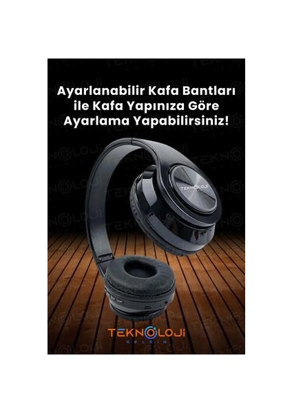 Bluetooth Kulaklık Kablosuz Kulaküstü Işıklı Katlanabilir Mikrofonlu Fm-Aux-Sd Siyah indirimleri