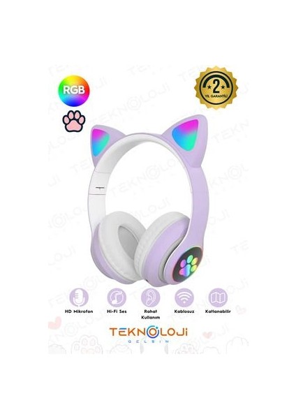 Lila Bluetooth 5.0 Mikrofonlu Kablosuz Yüksek Ses Akıllı LED Işıklı Kedi Patili Rgb Mor Kulaklık