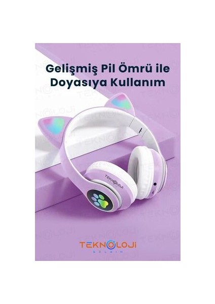 Lila Bluetooth 5.0 Mikrofonlu Kablosuz Yüksek Ses Akıllı LED Işıklı Kedi Patili Rgb Mor Kulaklık