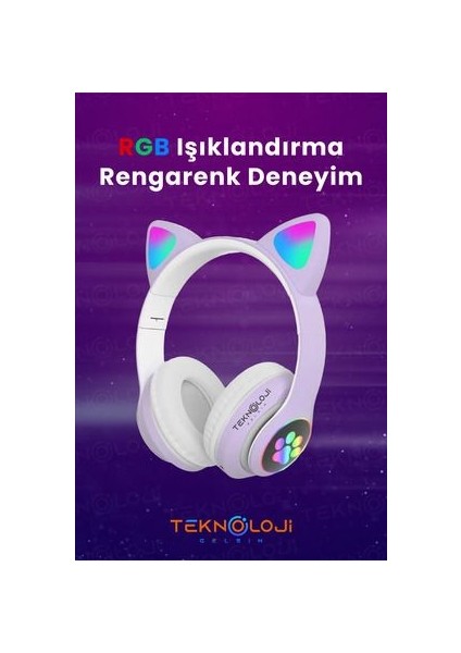 Lila Bluetooth 5.0 Mikrofonlu Kablosuz Yüksek Ses Akıllı LED Işıklı Kedi Patili Rgb Mor Kulaklık