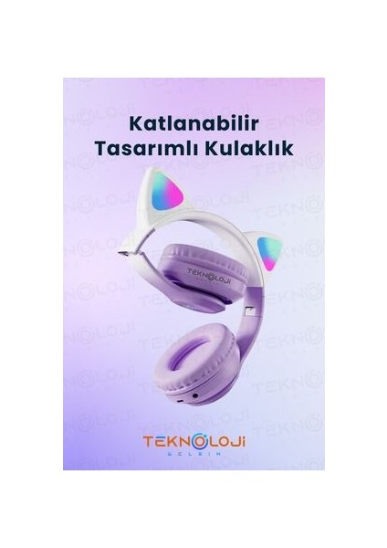 Lila Bluetooth 5.0 Mikrofonlu Kablosuz Yüksek Ses Akıllı LED Işıklı Kedi Patili Rgb Mor Kulaklık