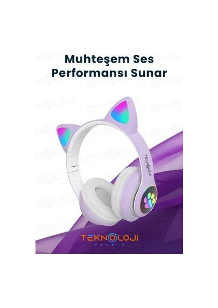 Lila Bluetooth 5.0 Mikrofonlu Kablosuz Yüksek Ses Akıllı LED Işıklı Kedi Patili Rgb Mor Kulaklık
