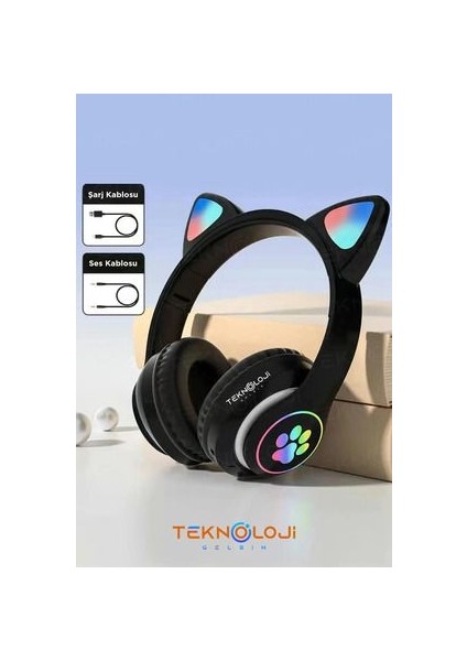 Siyah Bluetooth 5.0 Mikrofonlu Kablosuz Kulaklık Yüksek Ses Akıllı LED Işıklı Kedi Patili Rgb