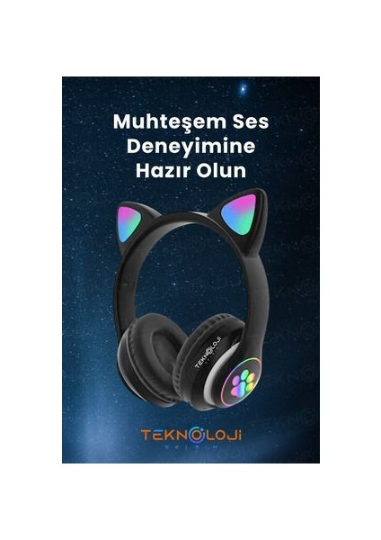 Siyah Bluetooth 5.0 Mikrofonlu Kablosuz Kulaklık Yüksek Ses Akıllı LED Işıklı Kedi Patili Rgb