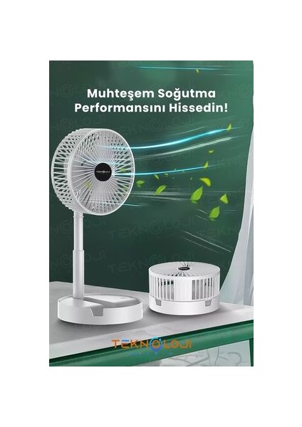 Vantilatör Teleskopik Fan Katlanabilir Taşınabilir Şarjlı 3 Kademe Mini Fan Soğutucu Masaüstü Beyaz
