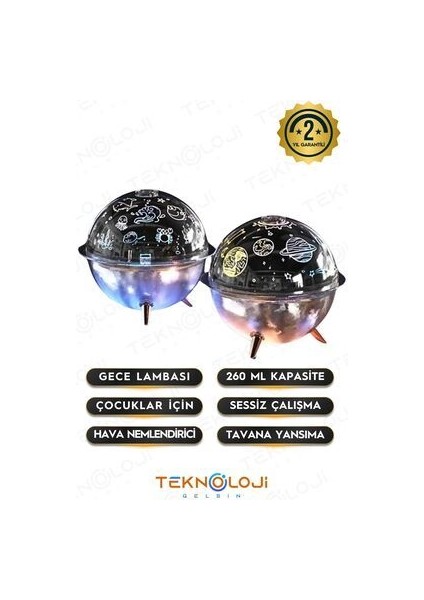 Hava Nemlendirici Gece Lambası Çocuk Bebek Odası Mini Projeksiyon Lambası 260 ml Ultrasonik Galaksi