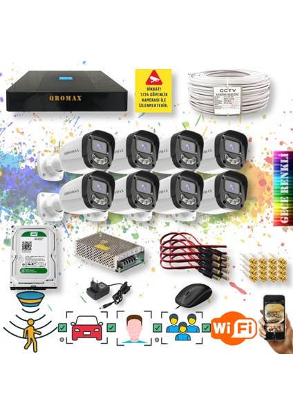 8 Kameralı Set - Yapay Zeka Özellikli Gece Renkli Gösteren 5MP SONY Lensli 4 Ultra Warm Ledli FULLHD Güvenlik Kamerası Seti 2304W-9008