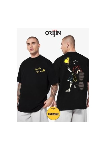 One Piece Luffy Anime Ön Arka Baskılı Unisex Oversize Siyah Tshirt