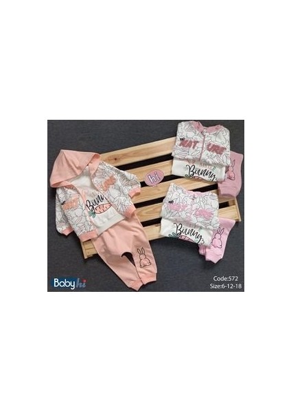 Mulyoso Butiq Nature Tavşanlı Hırkalı Kapşonlu Pembe Kız 3'lü Bebek Takım
