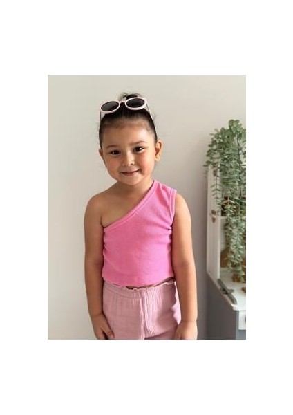 Pembe Bebek Çocuk Fitilli Ribana Tek Kol Crop Üst