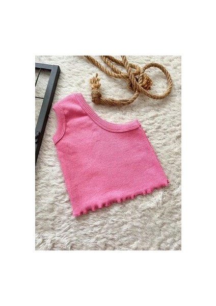Pembe Bebek Çocuk Fitilli Ribana Tek Kol Crop Üst modelleri