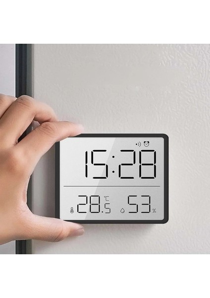 Mıknatıslı LCD Dijital Ekran 9x7 cm Pilli Mini Saat Alarm Saat Nem Göstergesi Sıcaklık Ölçer