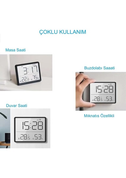 Mıknatıslı LCD Dijital Ekran 9x7 cm Pilli Mini Saat Alarm Saat Nem Göstergesi Sıcaklık Ölçer