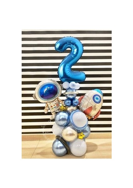 Astronot Roket Uzay Temalı 2 Yaş Mavi Rakamlı Balon Seti
