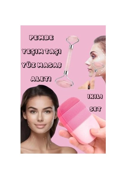 Pembe Yeşim Taşı ve Forever Masaj Yüz Temizleme Bakım Seti %100 Doğal Taş