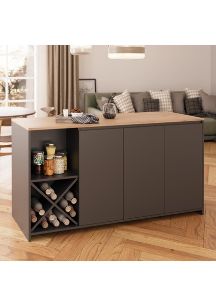 Gustav L4720 Mutfak Adası 160 cm – Antrasit Ahşap Üst Bar Masası, Çok Amaçlı, Depolamalı Açık Raflı Dolap