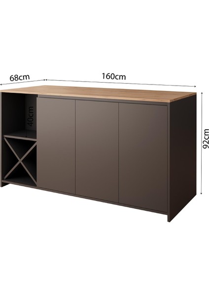 Gustav L4720 Mutfak Adası 160 cm – Antrasit Ahşap Üst Bar Masası, Çok Amaçlı, Depolamalı Açık Raflı Dolap