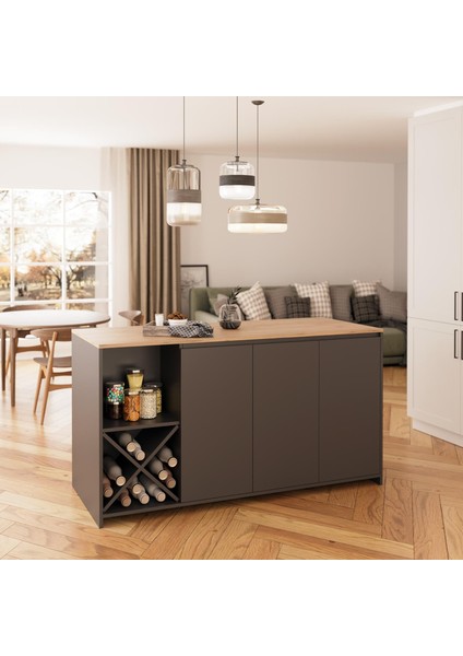 Gustav L4720 Mutfak Adası 160 cm – Antrasit Ahşap Üst Bar Masası, Çok Amaçlı, Depolamalı Açık Raflı Dolap