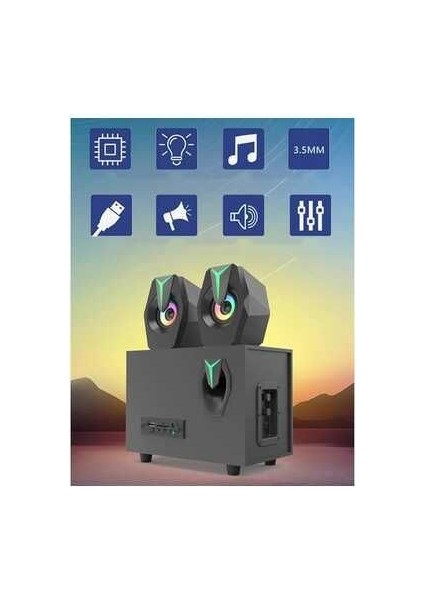 Multimedya Bluetooth Hoparlör Sd Kart USB 2.1 Kanal Subwoofer 2+1 Işıklı Pc Speaker