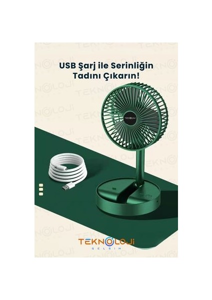 Masaüstü Fan Vantilatör Teleskopik Şarjlı Katlanabilir Taşınabilir Standlı 3 Kademe Yeşil Soğutucu