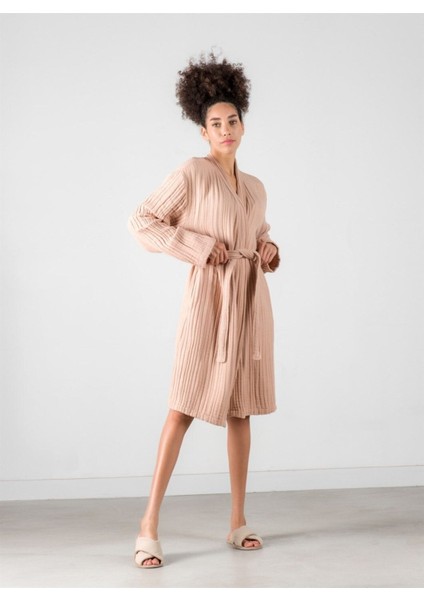 Linen Gauze Keten Bornoz Bej S/m