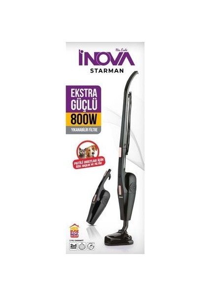 Inova Starman 2'si 1 Arada En Güçlü Pratik Dikey Süpürge Üçgen Başlık Torbasız Kullanım 800 W 18 Kpa