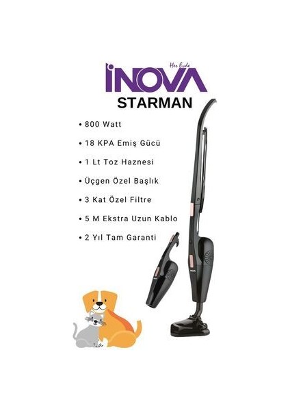 Inova Starman 2'si 1 Arada En Güçlü Pratik Dikey Süpürge Üçgen Başlık Torbasız Kullanım 800 W 18 Kpa fiyatları