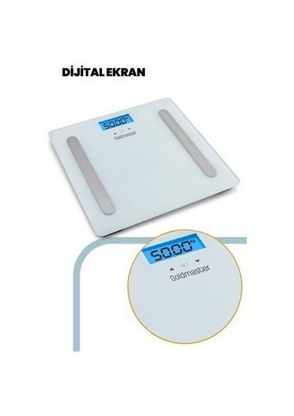 Kalorimax Dijital Ekranlı 6mm Temper Camlı Yağ Ölçer Fonksiyonlu Vücut Analizli Tartı Baskül