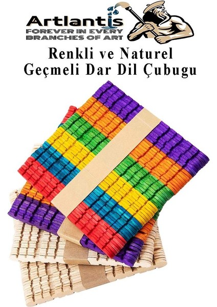 Renkli Naturel Geçmeli Dil Çubuğu Dar 200 Lü 1 Paket Çentikli Tırtıklı Geçirmeli Eklemeli Dondurma Çubuğu Kesik Uçlu Ahşap Çubuk