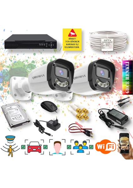 2 Kameralı Set - Yapay Zeka Özellikli Gece Renkli Gösteren 5MP SONY Lensli 4 Ultra Warm Ledli FULLHD Güvenlik Kamerası Seti 2304W-104