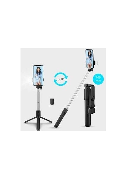 Bluetooth Lu LED Işıklı Selfie Çubuğu Uzaktan Kumandalı Yatay ve Dikey Kullanabilme Özçekim Tripod