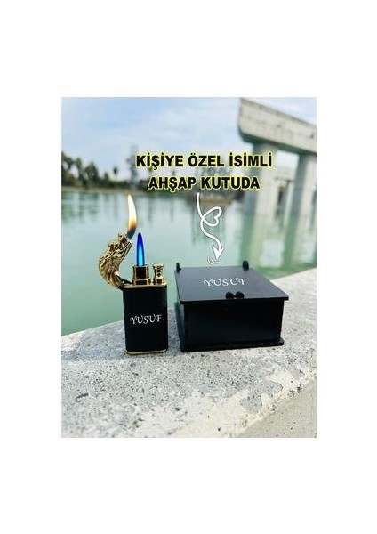 Kişiye Özel Isimli Ejderha Başlıklı Metal Çakmak & Özel Ahşap Kutu